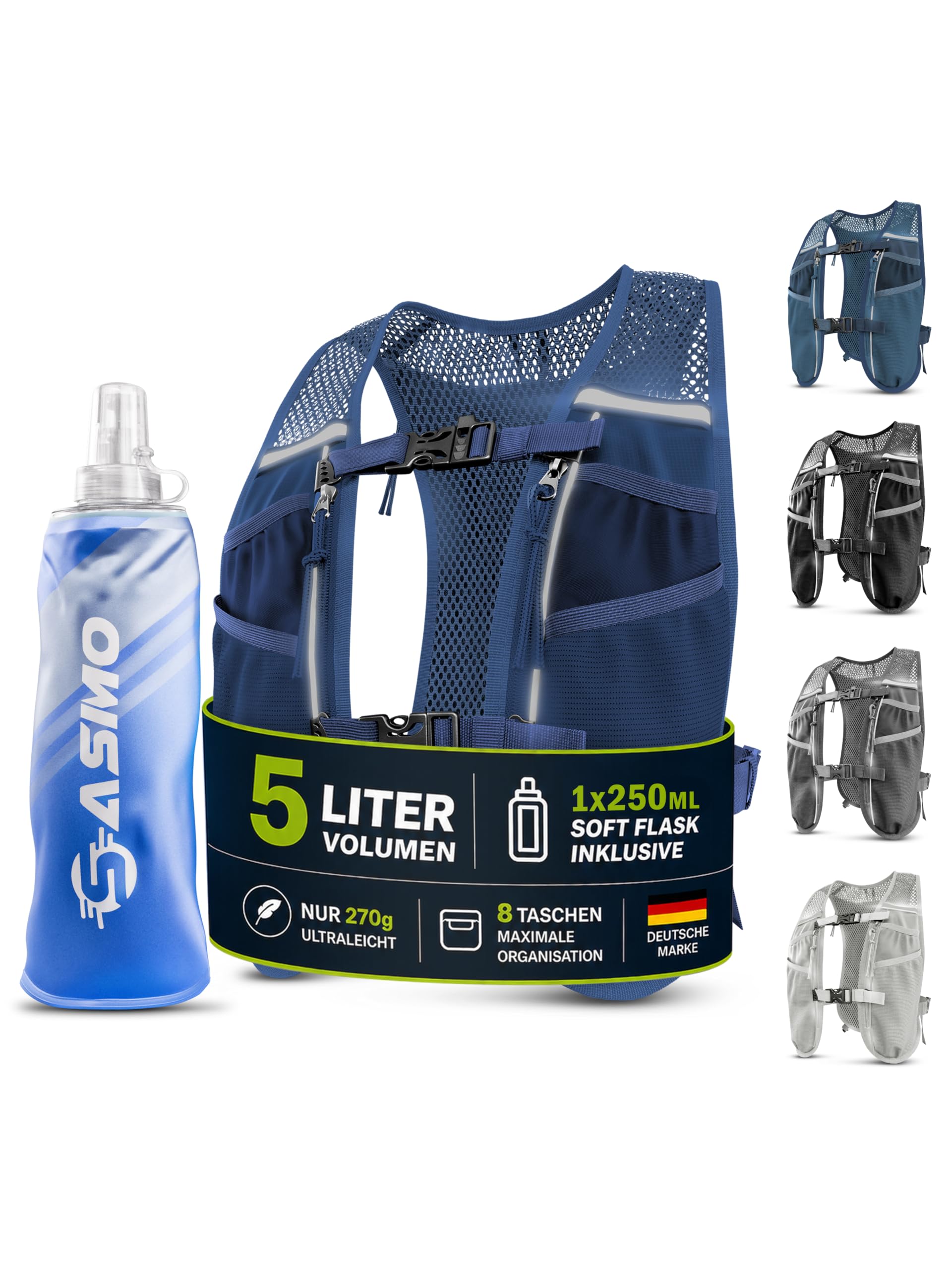 SASMO® Laufweste Damen & Herren 5L / 2L | Running Vest - Ultraleicht & atmungsaktiv| Laufrucksack Damen - 8 Taschen | Laufweste Herren | Trinkweste Laufen