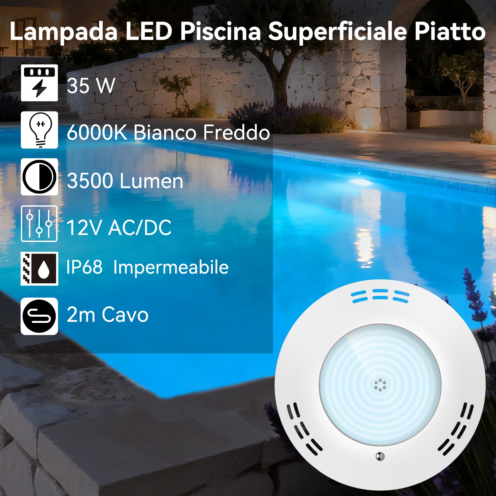 LyLmLe Luce Piscina LED Riempito di Resina, 35W Faretti LED Illuminazione ultrapiatta(équivalent 300W Lampada alogena), 3500lm,140°angolo, IP68 Impermeabile, Montaggio Superficiale, 12V AC/DC,6000K