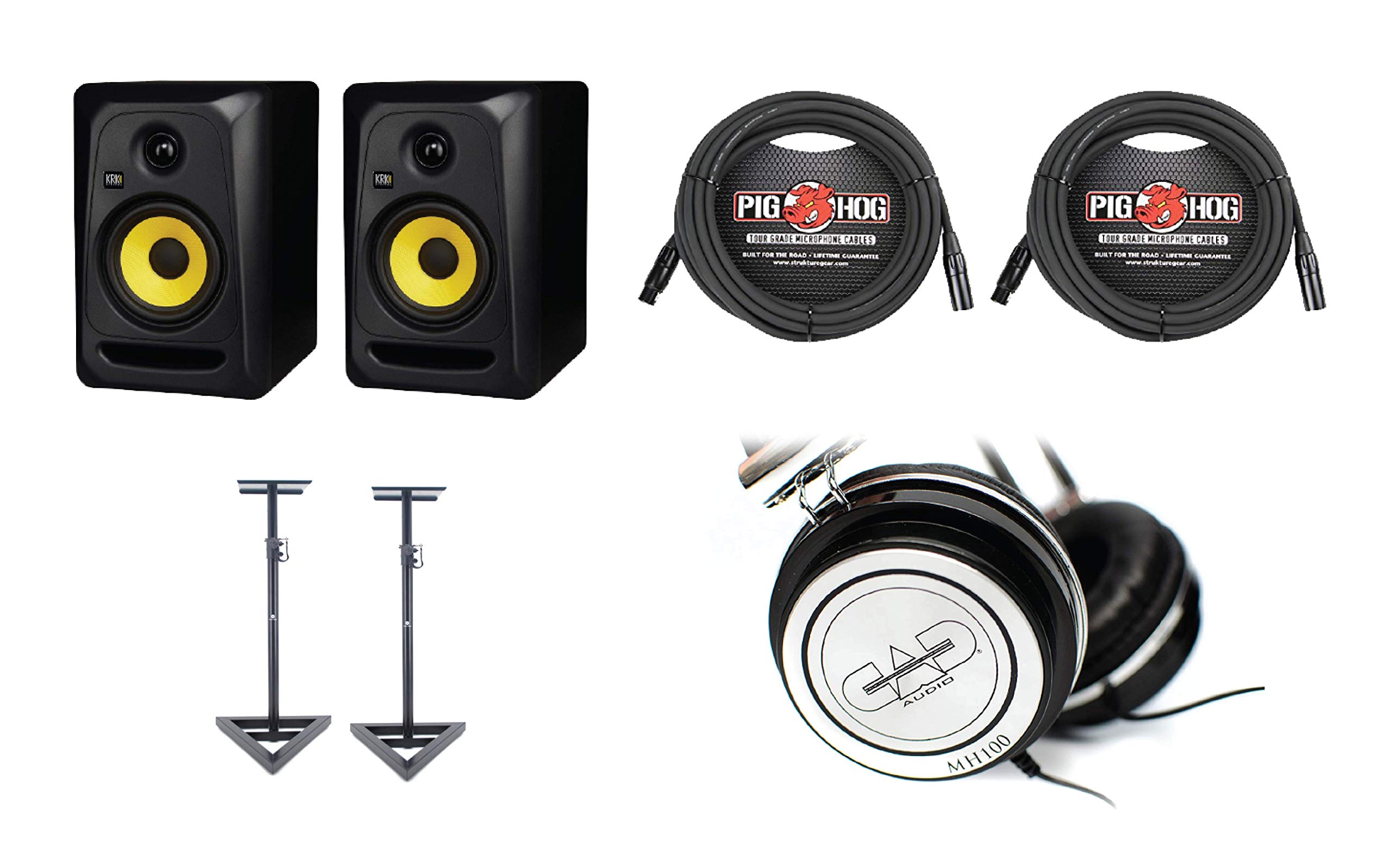KRK Classic 5 Monitor Pair w/Sonic Fiber Studio Floor Stands, 15' XLR Cable, MH100 Headphones