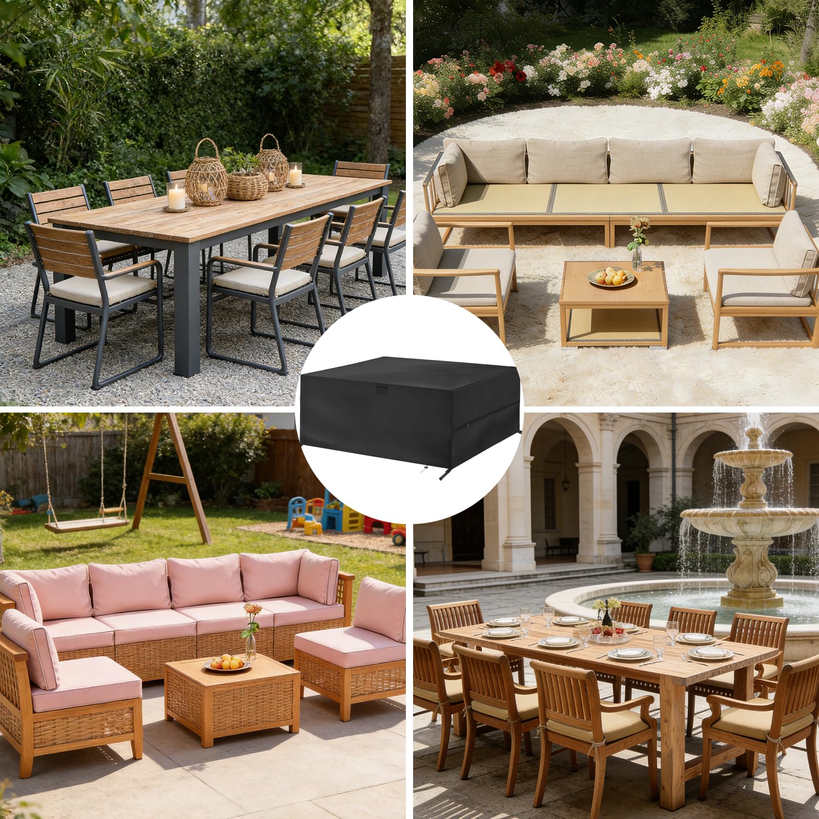 Copertura per Mobili da Giardino, 250 x 250 x 90 cm, Impermeabile Tessuto Oxford 420D Antivento Anti-UV Copertura Tavolo Esterno con Prese d'Aria, per Mobili da Giardino, Divano, Nero