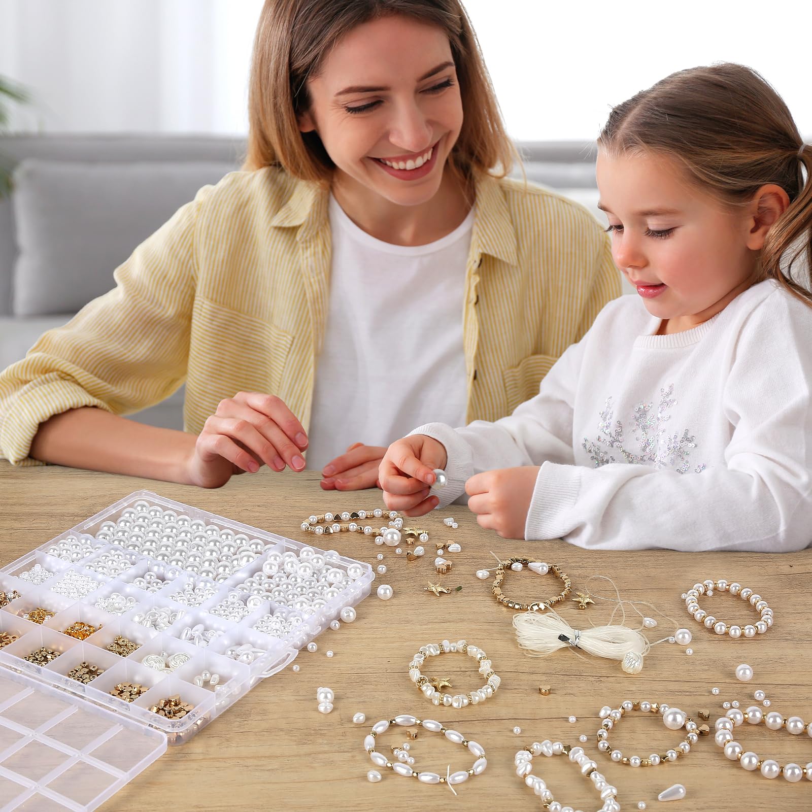 Kralen om te rijgen, 1542 stuks, witte kralen, onregelmatige gevormde kunstparels, goud, knutselkralen, kralenset voor armbanden en kettingen, voor volwassenen en kinderen