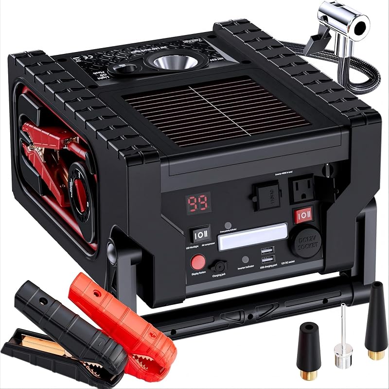 Auxiliar de Partida ZunDian 12 V 2000 A com Compressor de Ar de 260 PSI, Bateria de Chumbo-Ácido 20 Ah, Saídas USB, CA e CC, Luz LED de 400 lm, HH-529