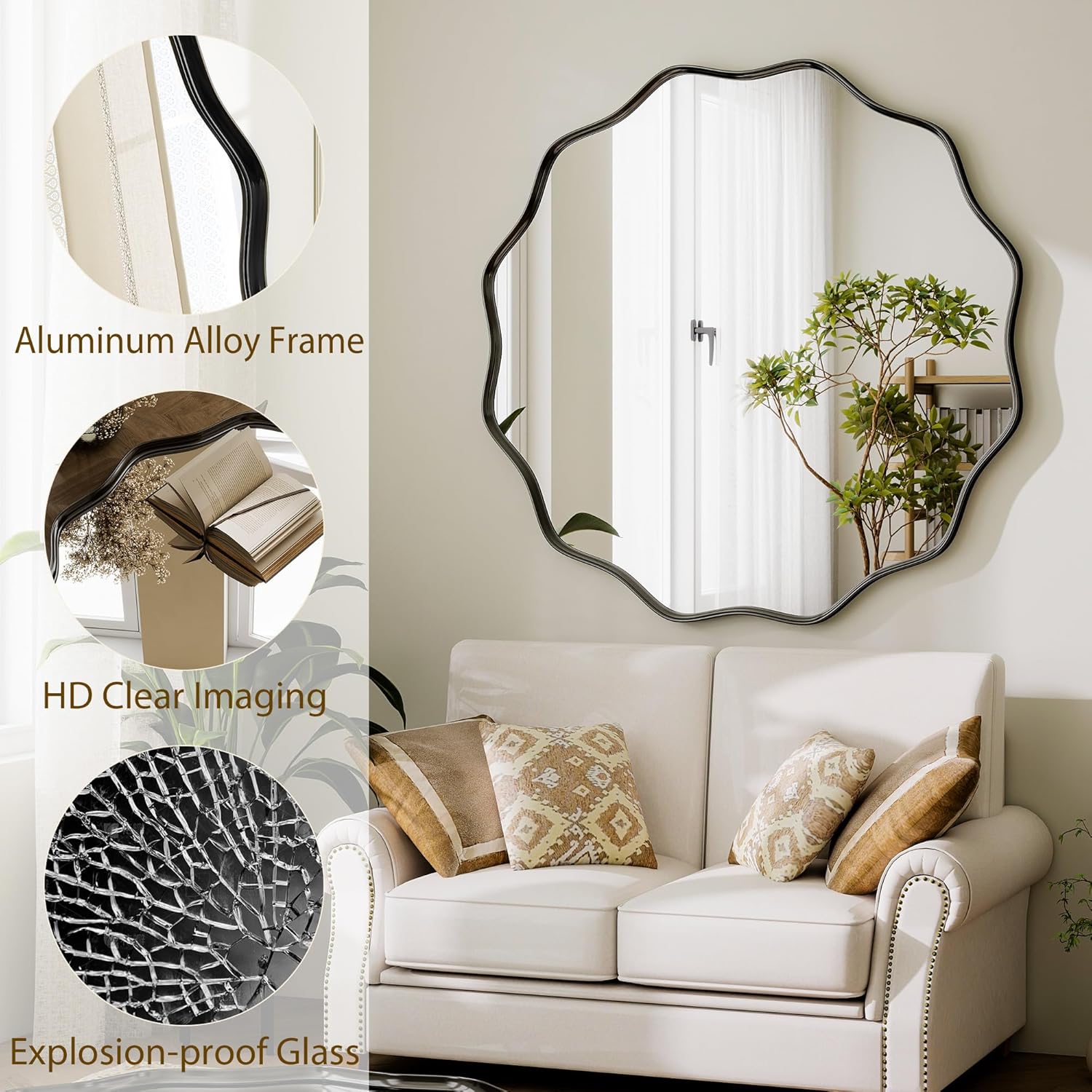 HARRITPURE 20" Scalloped Circle Wall Mirror, Metal Deep Frame Wavy Edge Round Mirror, Wall Mounted Mirror for Entryway, Bathroom, Vanity, Living Room,Black
