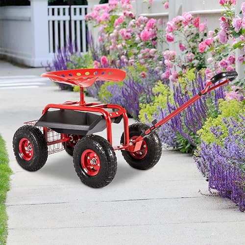 Miniatura 8 de kinbor Carrito de jardín Patinete con mango de dirección extensible, asiento giratorio y cesta utilitaria, rojo