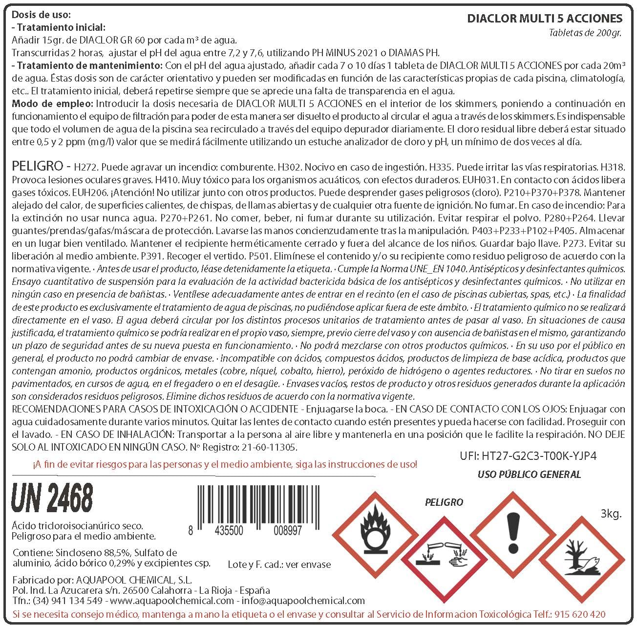 DIACLOR Multi 5 ACCIONES 200gr Pack 18kg - 3 Botes de 5 Kilos y 1 de 3 kg. Pastillas de Cloro para Piscinas envasadas Individualmente - Tratamiento Completo 5 Efectos - SIN Cobre