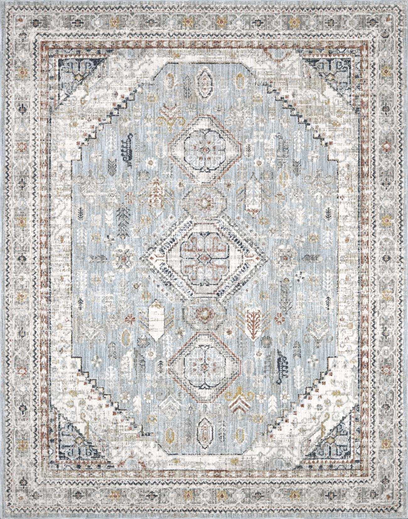 Hauteloom Balfour Farmhouse Traditional Area Rug - Bordered Medallion Carpet for Living Room, Bedroom - Gray, Blue - 7'10" x 10'2" (8x10 Rug)