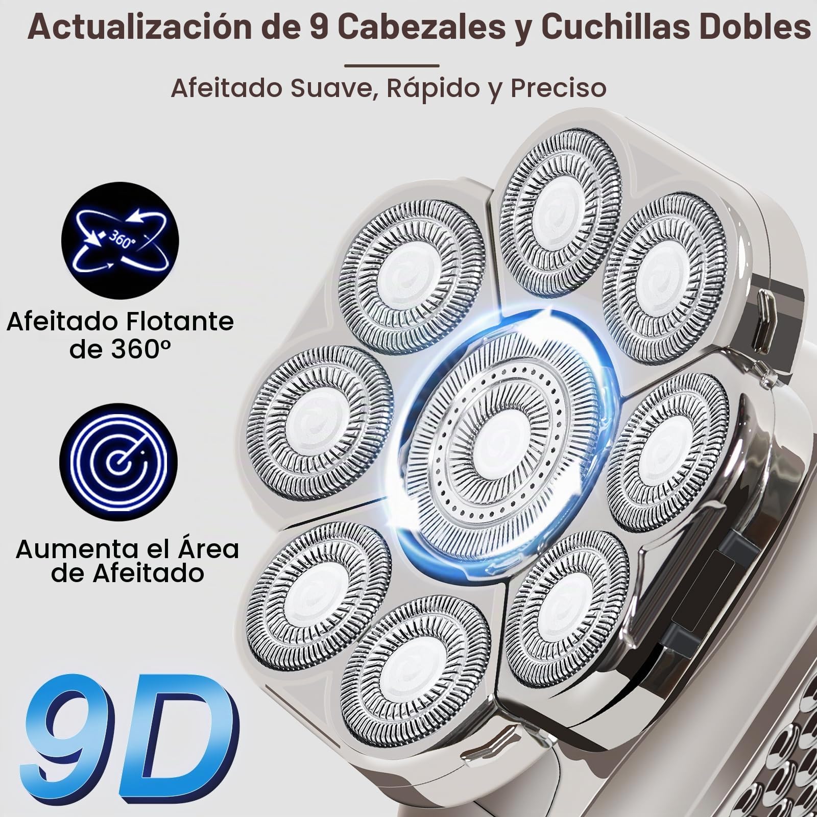Afeitadora Eléctrica Hombre, 9D 6 en 1 Afeitadora Cabeza para Calva Recargable Maquina de Afeitar Hombre Calvo Impermeable en Seco y Húmedo Afeitadora de Cabeza para Calva Barba Nariz Orejas Corporal