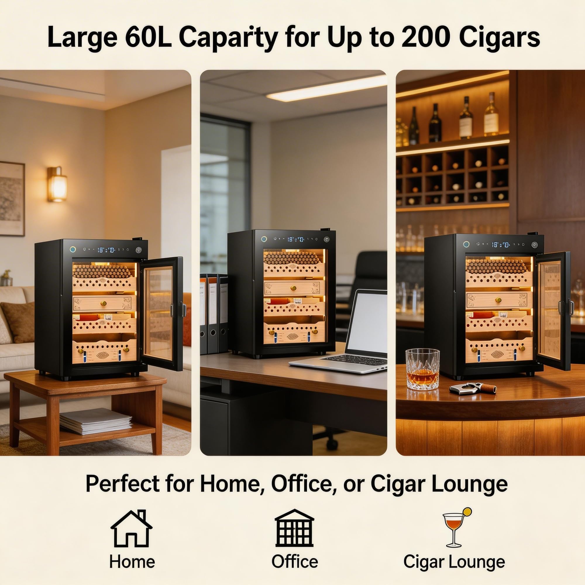 Humidor Für Zigarren Groß 60l Bis 200 Zigarren Elektrischer Zigarrenschrank Mit Zedernholz Innenraum WLAN Und Fingerabdruck Schloss Mit Temperatur Und Feuchtigkeit Einstellung(Drawer)
