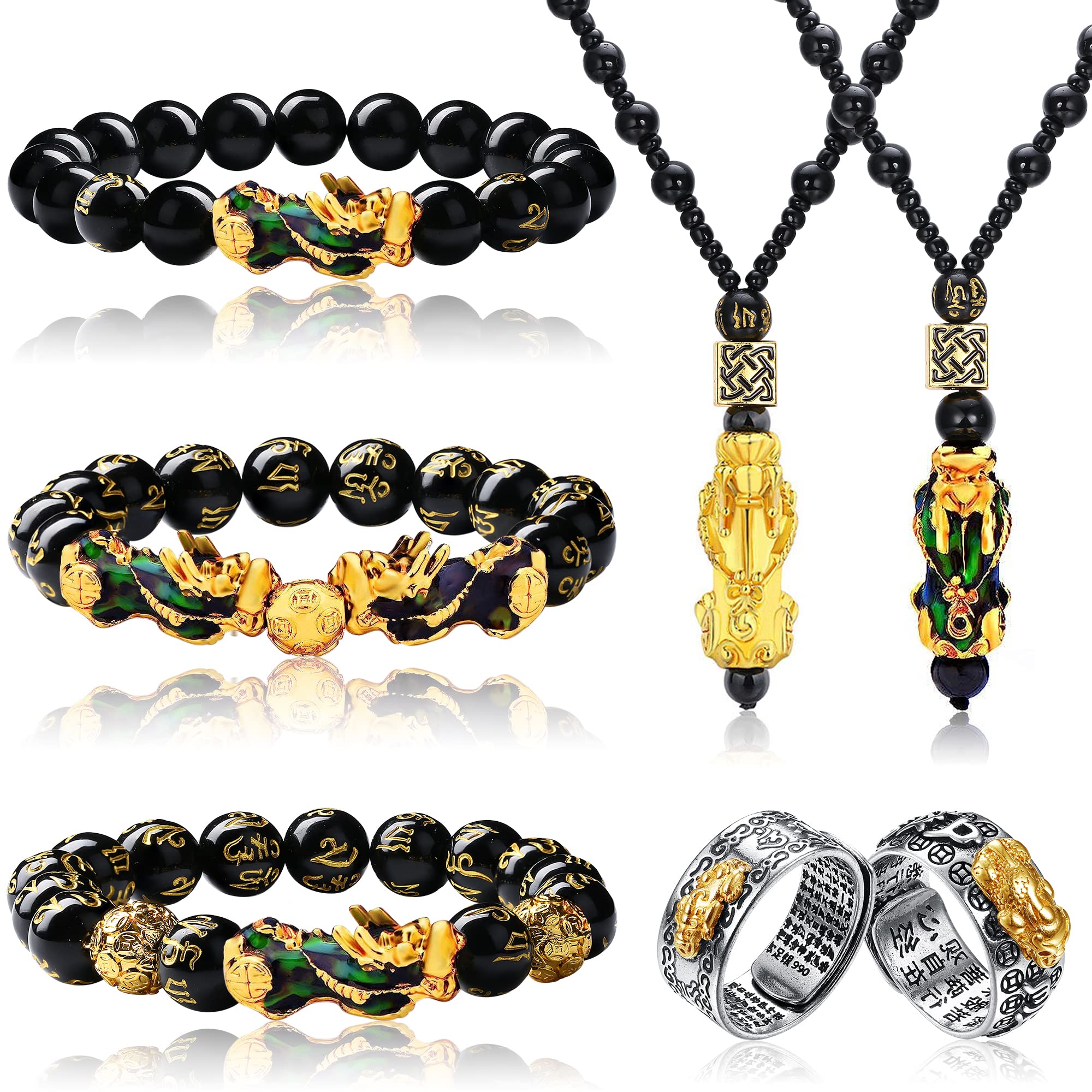 Florideco7-Piece Feng Shui Pi Xiu Bracelet Necklace Ring Set - Adjustable Pixiu Mantra Ring, Black Obsidian Wealth Bracelet, Lucky Nafu Wealth Necklaces for Men & Women