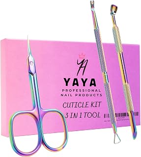 Cuticle Scissors with Cuticle Pushers, Extra Fine Curved Blade, 3in1 Professional Cuticle Tools Set, Nail Cuticle Trimmer Set, Manicure Kit, Pedicure Kit, Yaya Nails Cuticle Tool Kit (Rainbow)