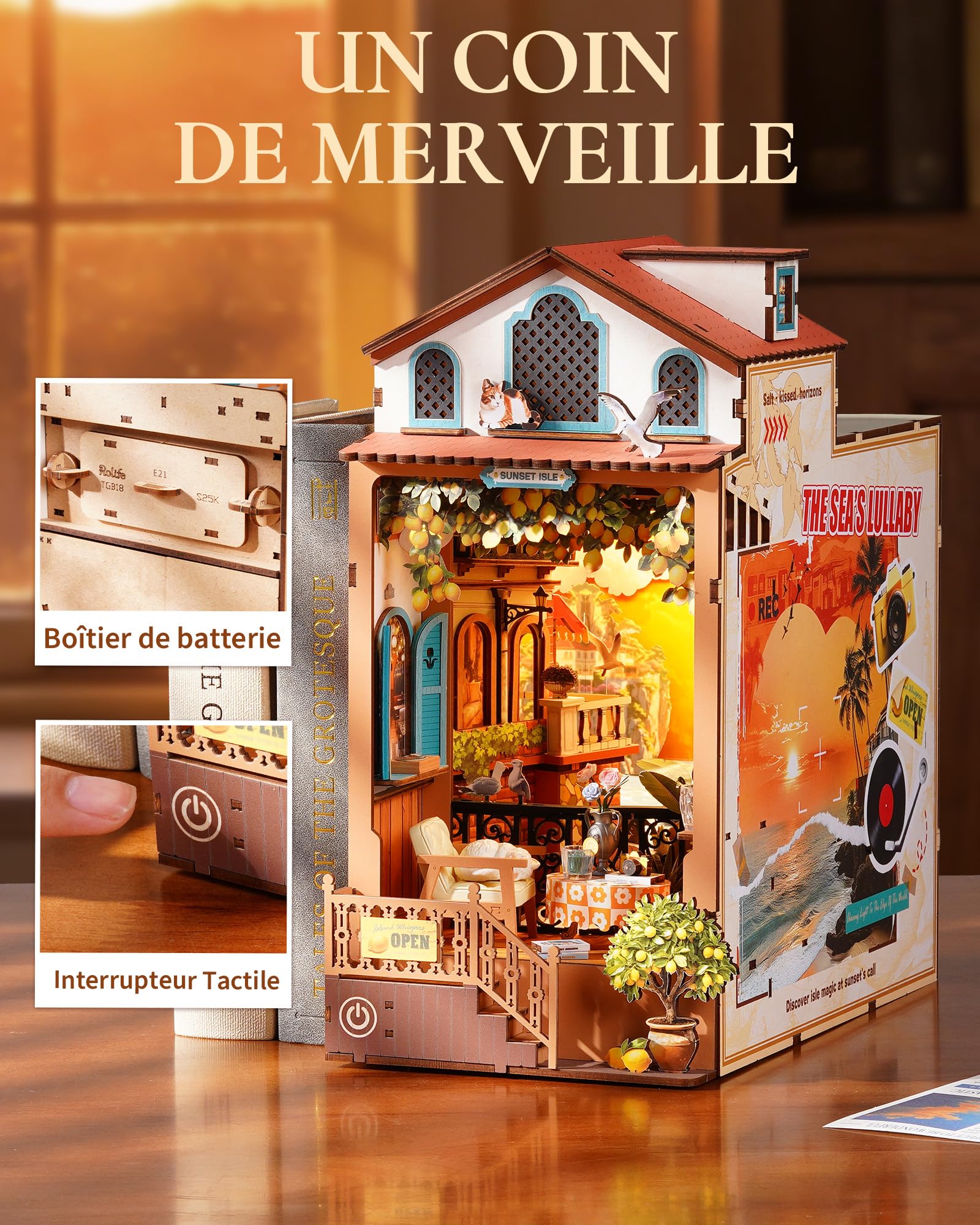 Rolife Book Nook DIY Maquette en Bois Adulte avec Lumières L'Île du Couchant Puzzle 3D Miniature Maison à Construire Serre-Livres Diorama Décoration Livre Bibliothèque Salon