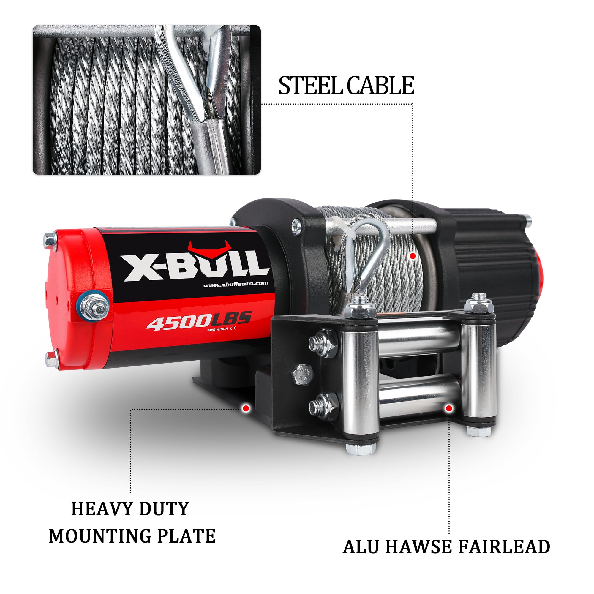 X-BULL Elektrische Winde für Quad - Durchzugskraft 4500lbs (2041kg) - Starkes und Haltbares Seil - Motorwinde Kabelzug - für Pflüge, UTV, ATV, Quad, Offroad - 40 X 12 X 12 cm - 12V, Schwarz