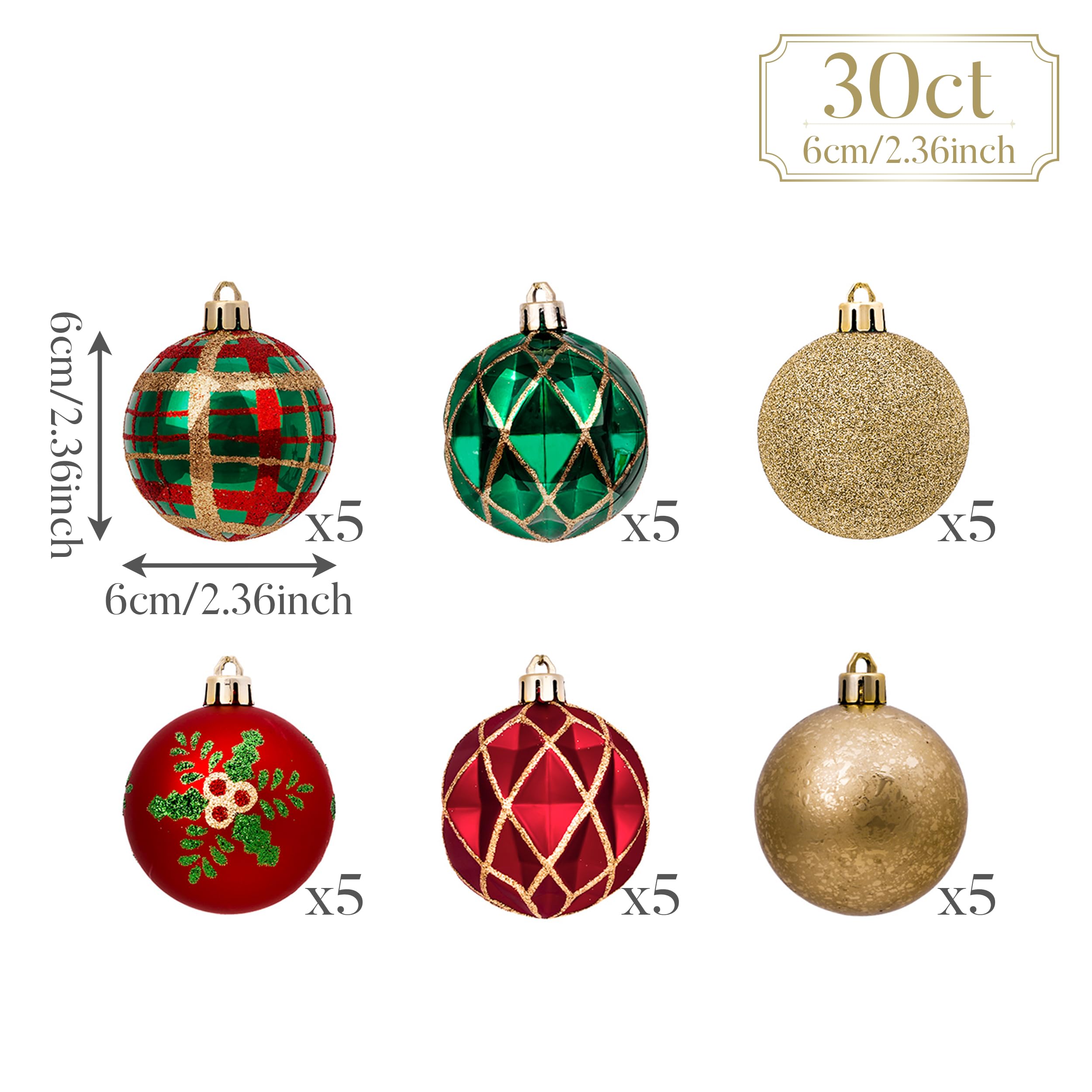 Valery Madelyn Lot de 30 boules de Noël incassables, 60 mm, 30 crochets inclus.