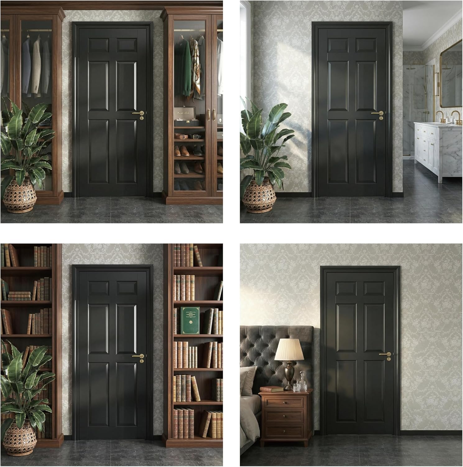 Solid Wood Slab Door, French Interior Door, Baking Paint Process，Waterproof MDF for Bedroom/Storage Room/Bedroom, Easy to Install (Black, 36inx80in+6-Panel)