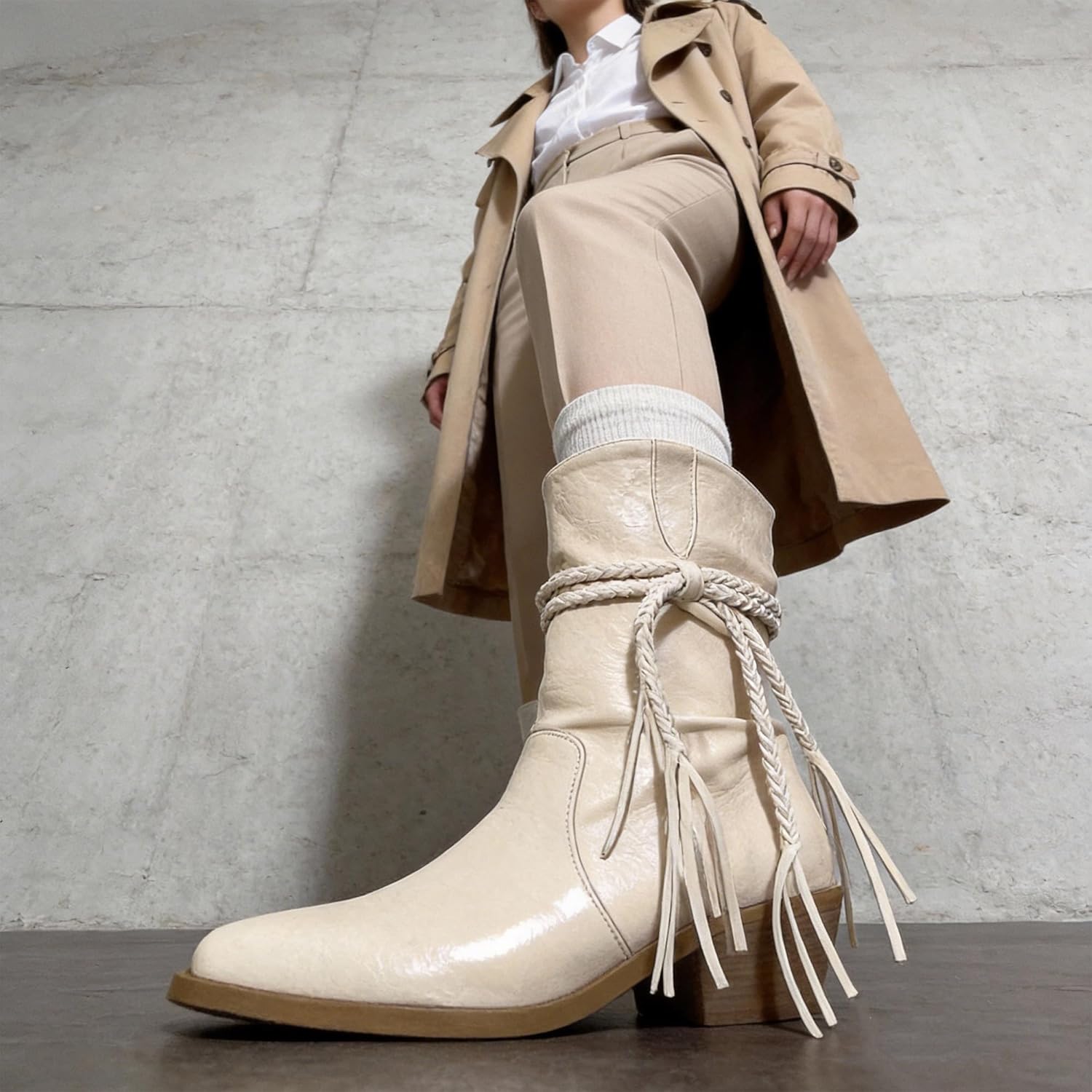 Mid Calf Cowboy Boots For Women Pointy Toe Suede Bohemian Western Boots with Low Chunky Heel & Woven Fringe