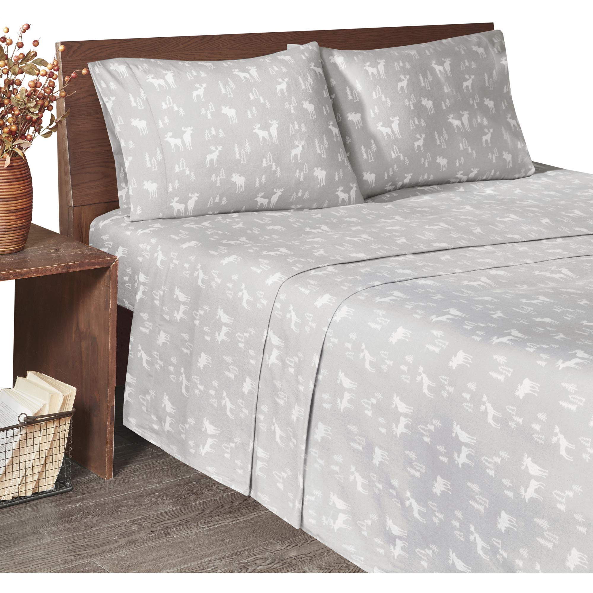 WOOLRICH Flannel 100% Cotton Sheet Set Warm Soft Bed Sheets with 14" Elastic Pocket, Cabin Lifestyle, Cold Season Cozy Bedding Set, Matching Pillow Case, Queen, Grey Moose, 4 Piece