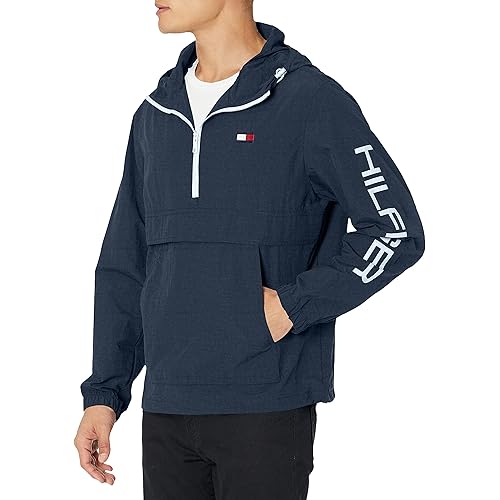 Tommy Hilfiger Men's Retro Lightweight Taslan Hooded Popover Water Resistant Windbreaker Jacket