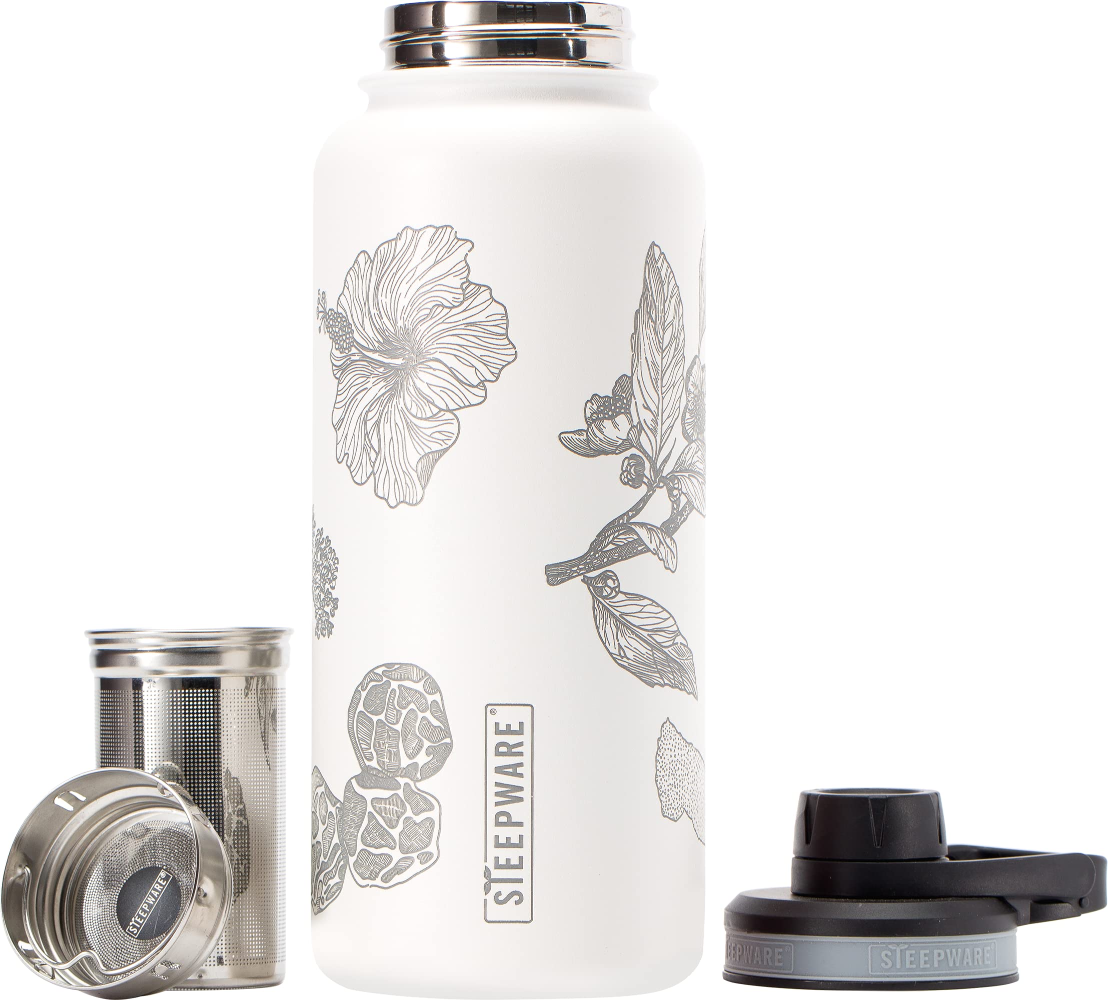 The Tea Spot Himalayan Tea Tumbler - Travel Bottle with Tea Infuser for Loose Leaf Tea or Iced Coffee - 32oz, White-Etched - Double-Walled Insulated Bottle - Keeps Drinks Hot & Cold for Hours