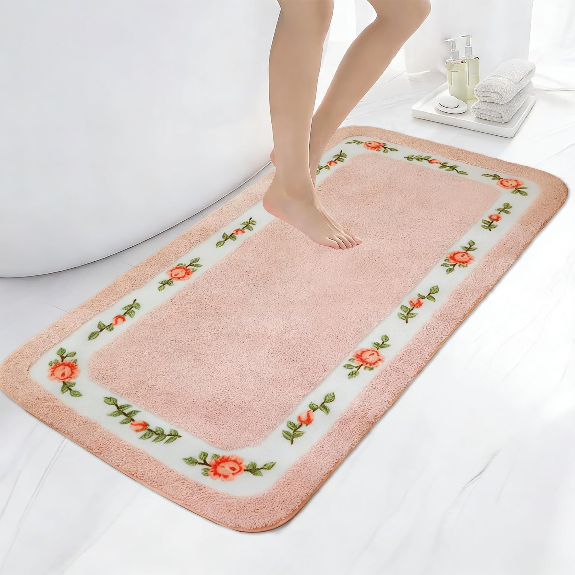 Apioiqa Large Rose Bathroom Rug 55"x27.5" Beautiful Floral Bath Rugs Pink Coquette Room Decor Shabby Bath Mat Soft Shaggy Rose Flower Carpet for