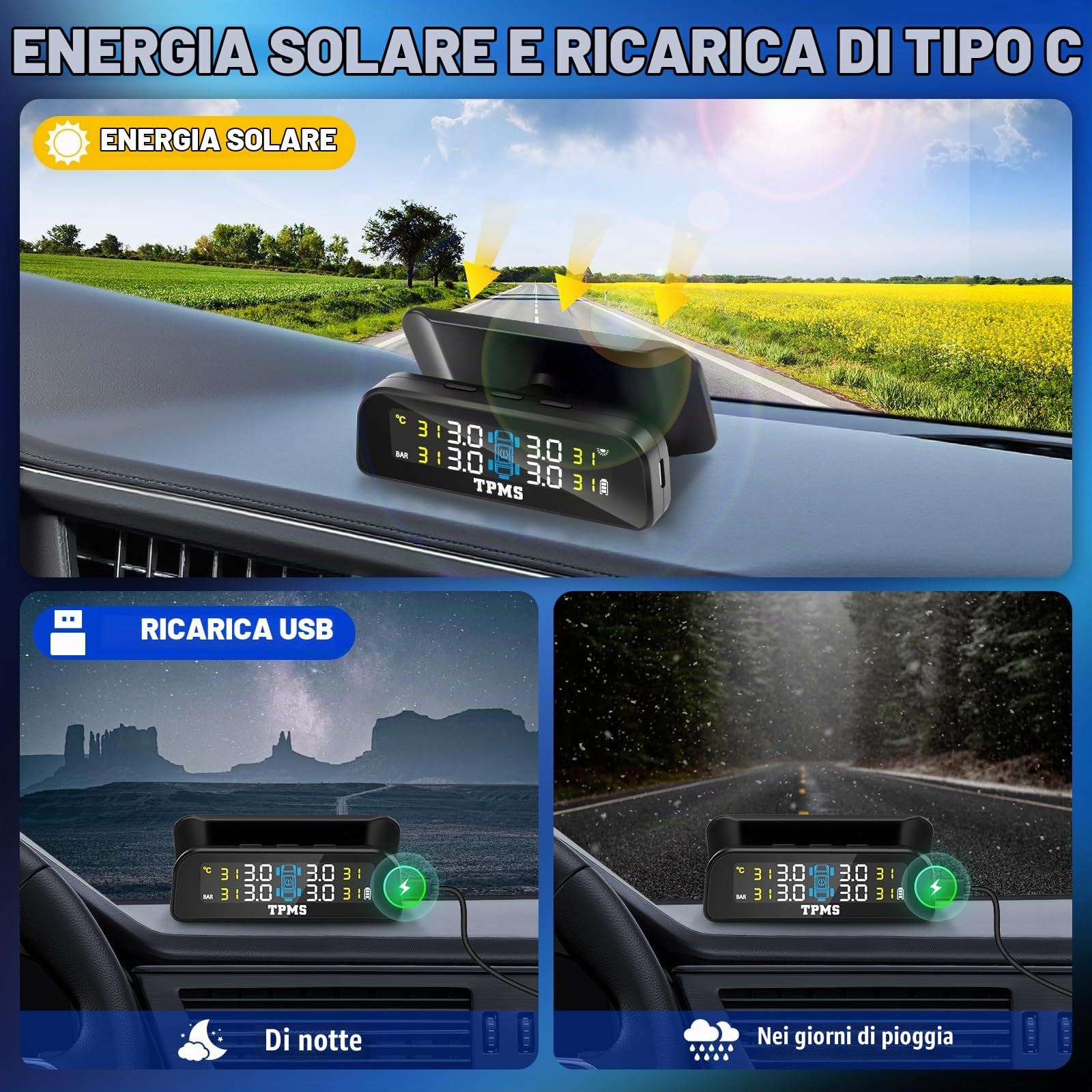 Sistema di Controllo della Pressione dei Pneumatici (TPMS) 0-3.5 Bar, Caricamento Solare e USB, 5 modalità di Allarme con LCD e 4 Sensori Esterni – per Auto SUV Camper Rimorchi e Camion