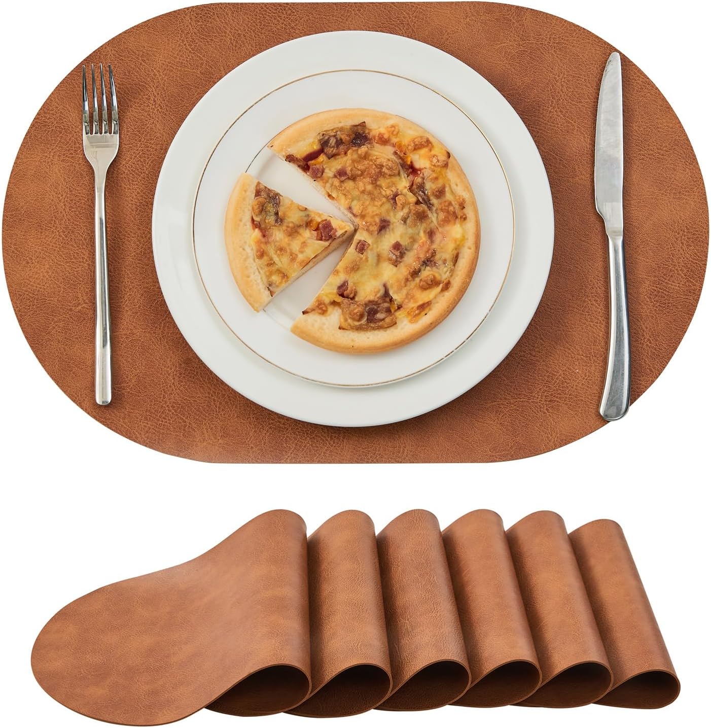 Faux Leather Placemats Set of 8, Heat Resistant Oval Placemats 12" x 18", Waterproof Non-Slip Dining Table Mats for Kitchen Farmhouse Modern Home Decor