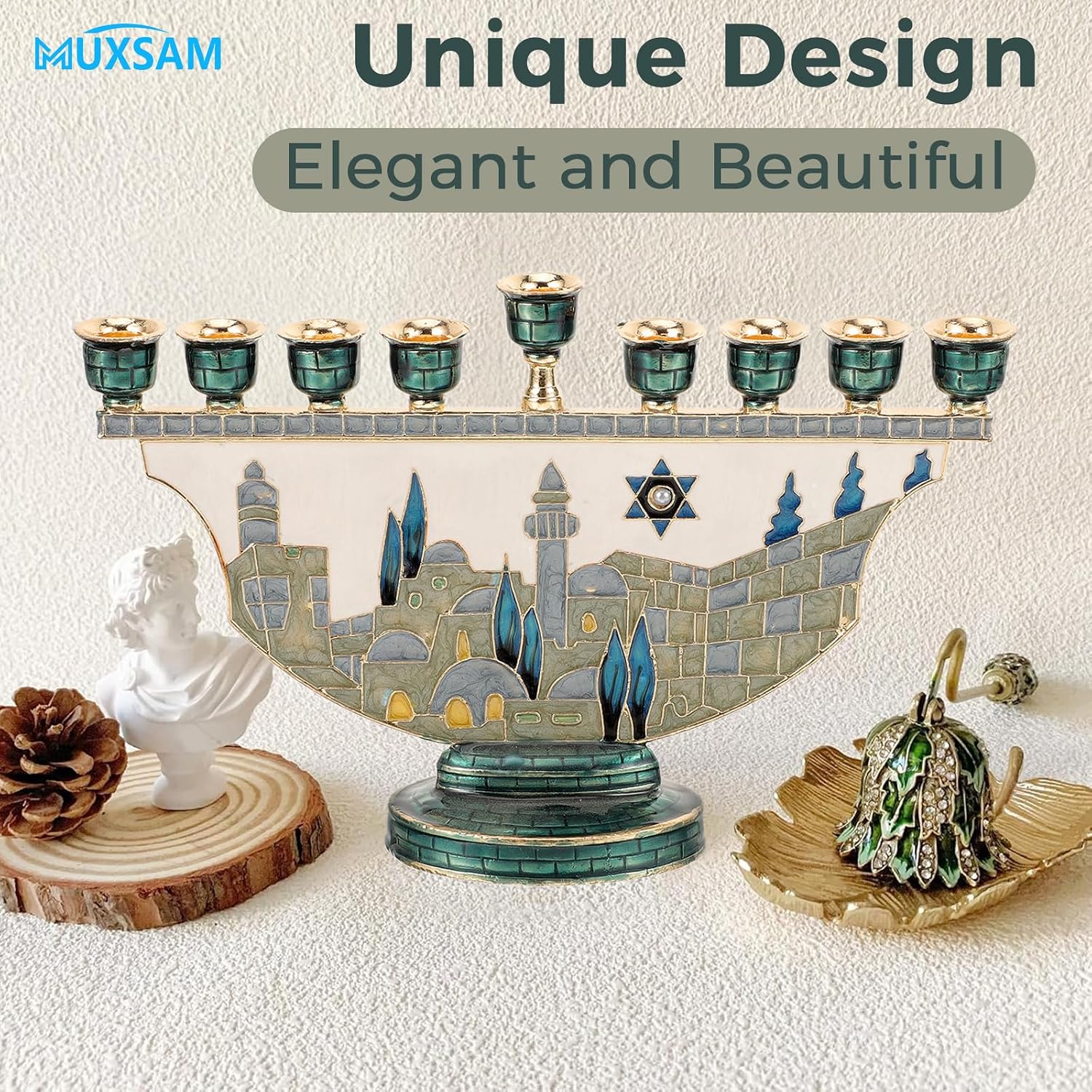 1Pc Hanukkah Menorah Candelabra, 9 Branch Vintage Enamel Candlesticks