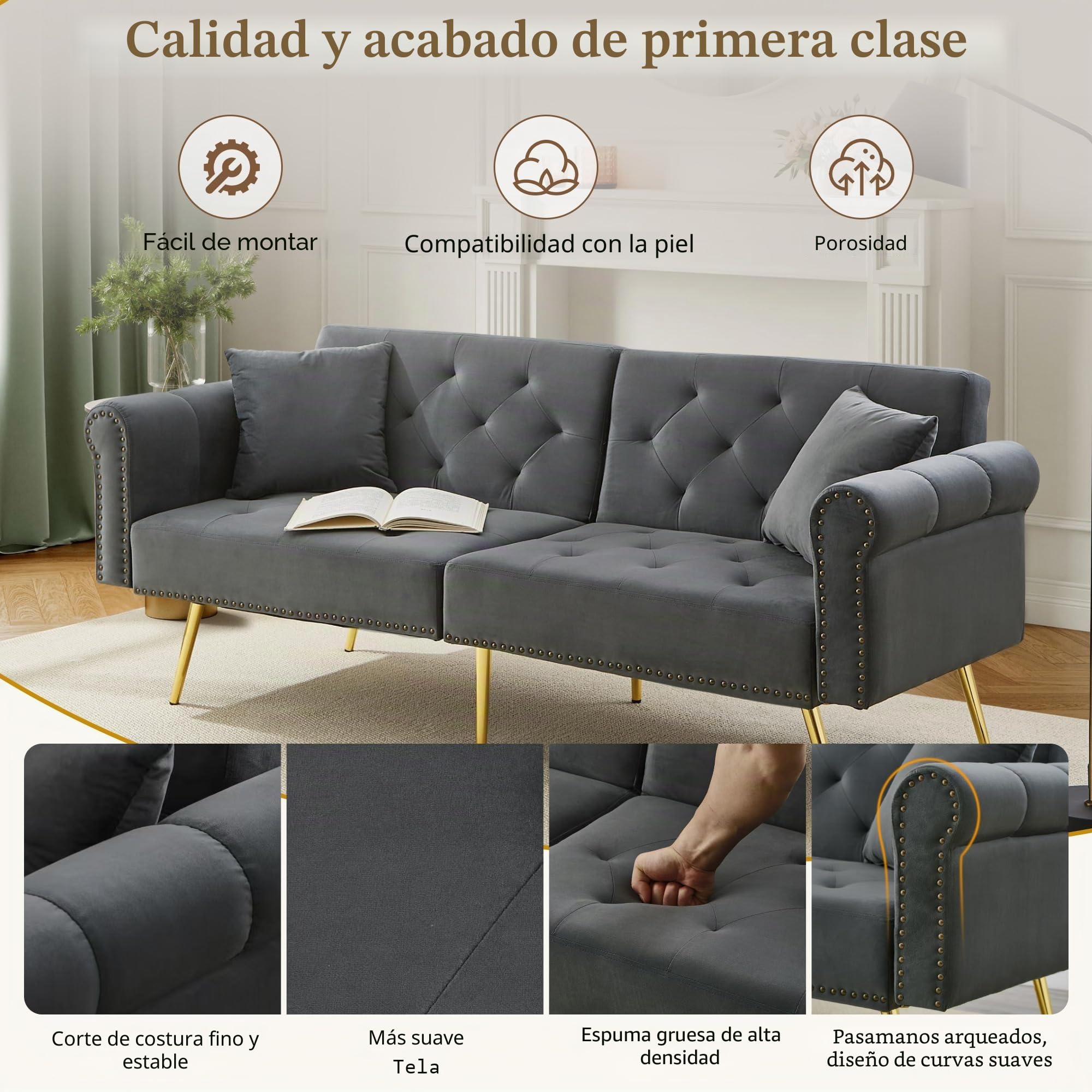 Sofá cama moderno de 2 plazas, funda de terciopelo, respaldo ajustable en 3 niveles, patas doradas, elegante dormitorio, ahorra espacio, resistente (gris)