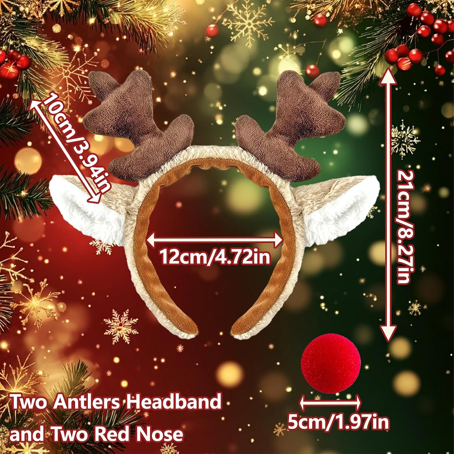 2 PCS Reindeer Antlers Headband, Deer Ears Costume with 2 PCS Red Nose Cute Fluffy Animal Hairbands