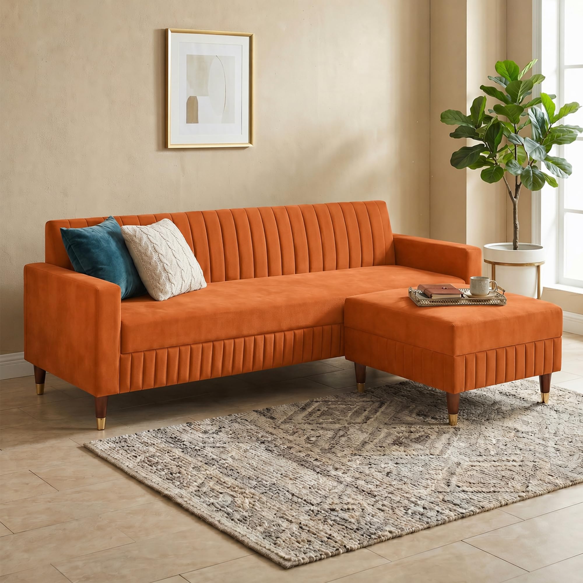 Solid Wood L Shape Sofa 4 Seater with Golden Legs | Premium Velvet Suede Fabric | L Shape 4 Seater Sofa Set for Home & Office | Comfortable Sofa for Living Room with Ottoman | Orange-image-19
