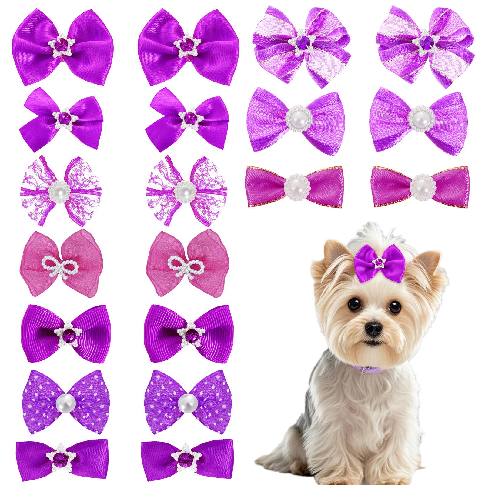 20 PCS Cute Dog Hair Bows with Rubber Bands Elastic Handmade Mix Style Lace Rhinestone Pearls for Furry Puppy Cat Pet Girl, Dark Purple