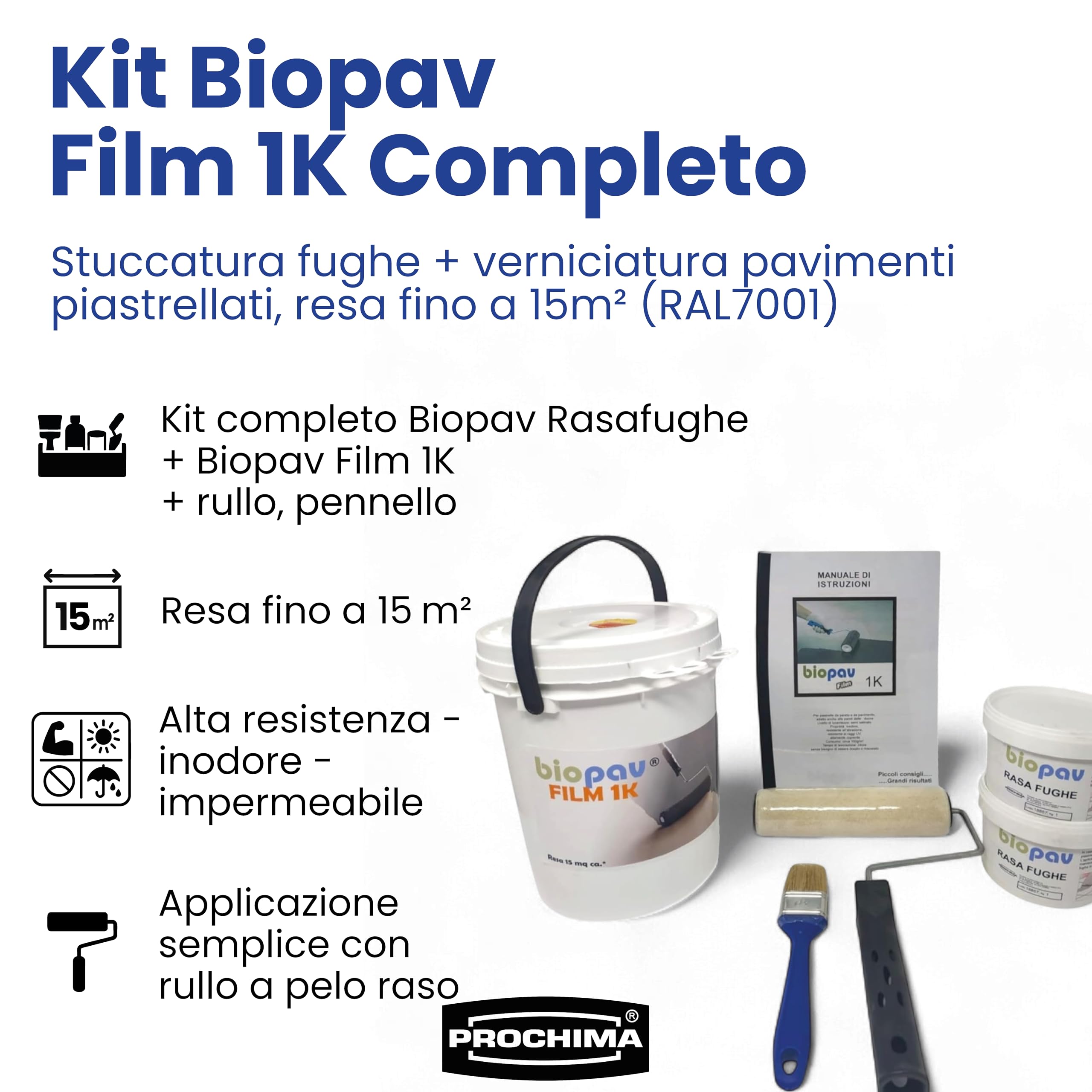 PROCHIMA Kit Biopav Film 1K Completo, Stuccatura Fughe e Verniciatura Pavimenti Piastrellati RAL 7001, Resa 15 mq