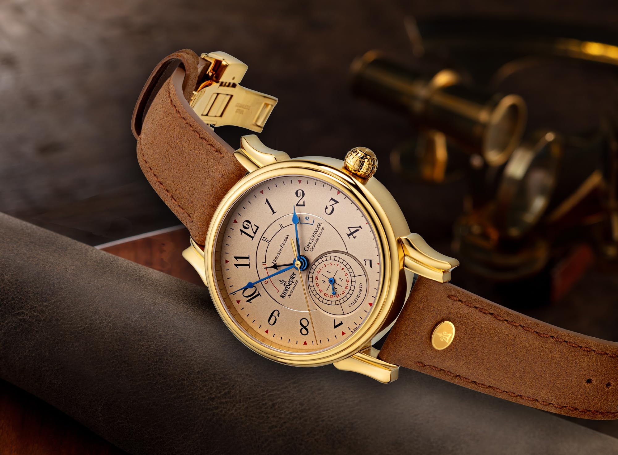 Kronsegler Conquistador Gold - Tierra braun | Automatik Herrenuhr mit Gangreserveanzeige | Saphirglas, Zeigerdatum, Lederband, Faltschließe