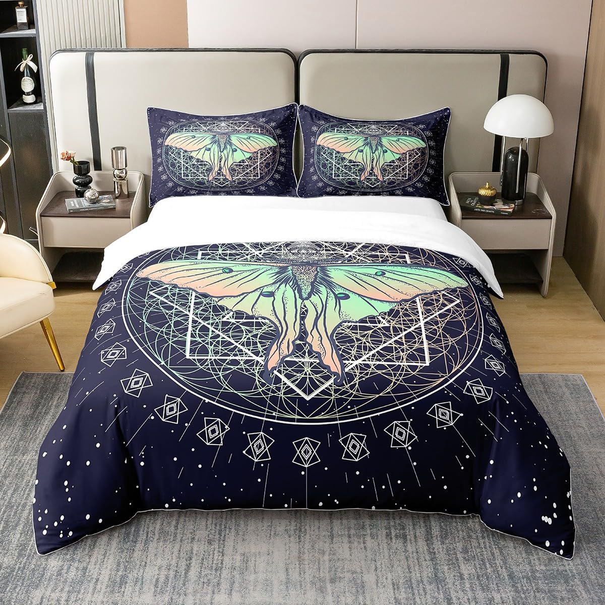 100% Bio Baumwolle Motte Bettbezug,Gothic Butterfly Bettwäsche Set 135x200,Sonne und Mond Tröster Bezug für Teens,Geometrische Galaxy Sterne Bett Sets mit1 Kissenbezug Reißverschluss und Krawatten