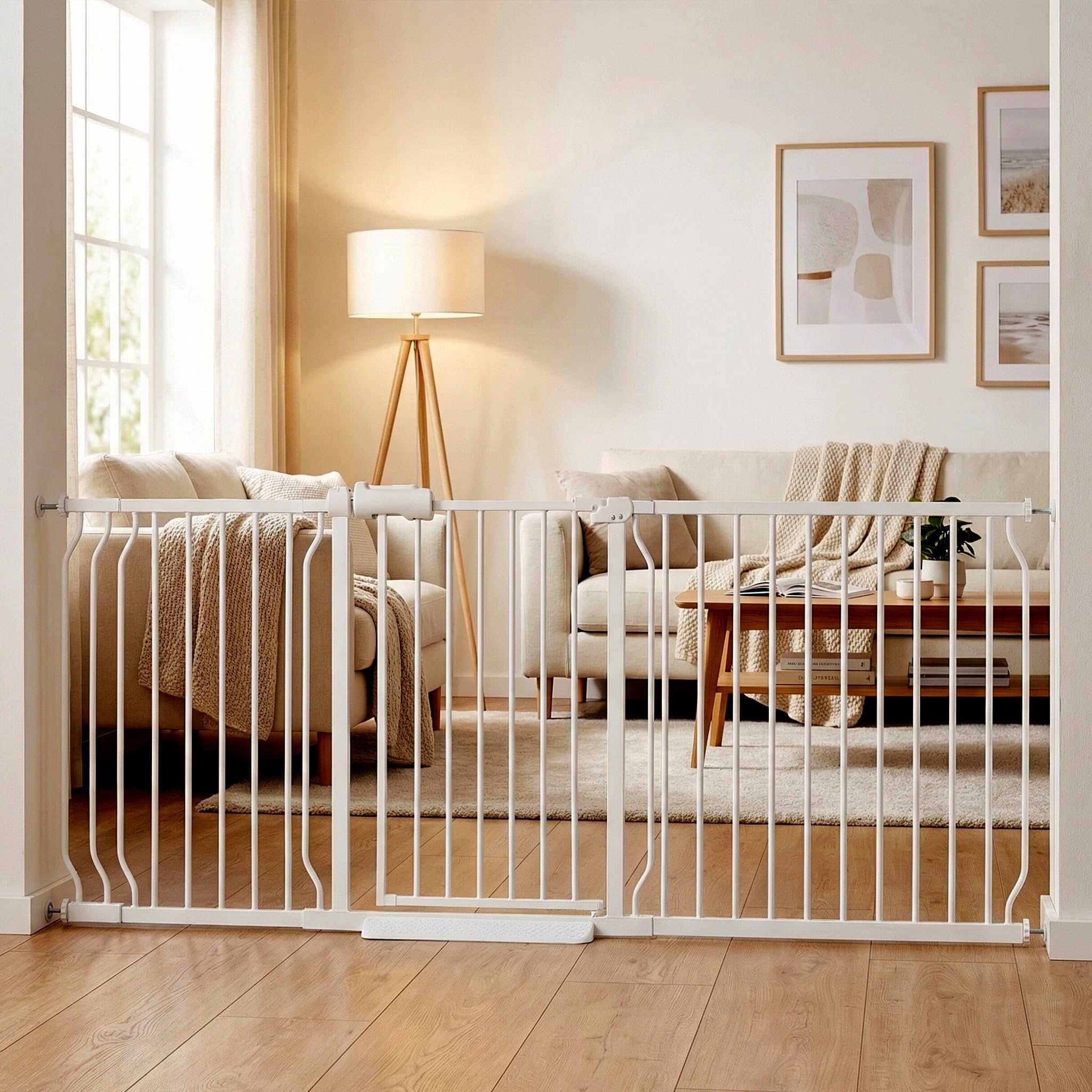 Extra Wide Baby Gate 76.3-81" Dog Gate for Doorways, Pressure Mounted No Drill Safety Gate for Kitchen, Hallways, White Metal Pet Gate for Dogs