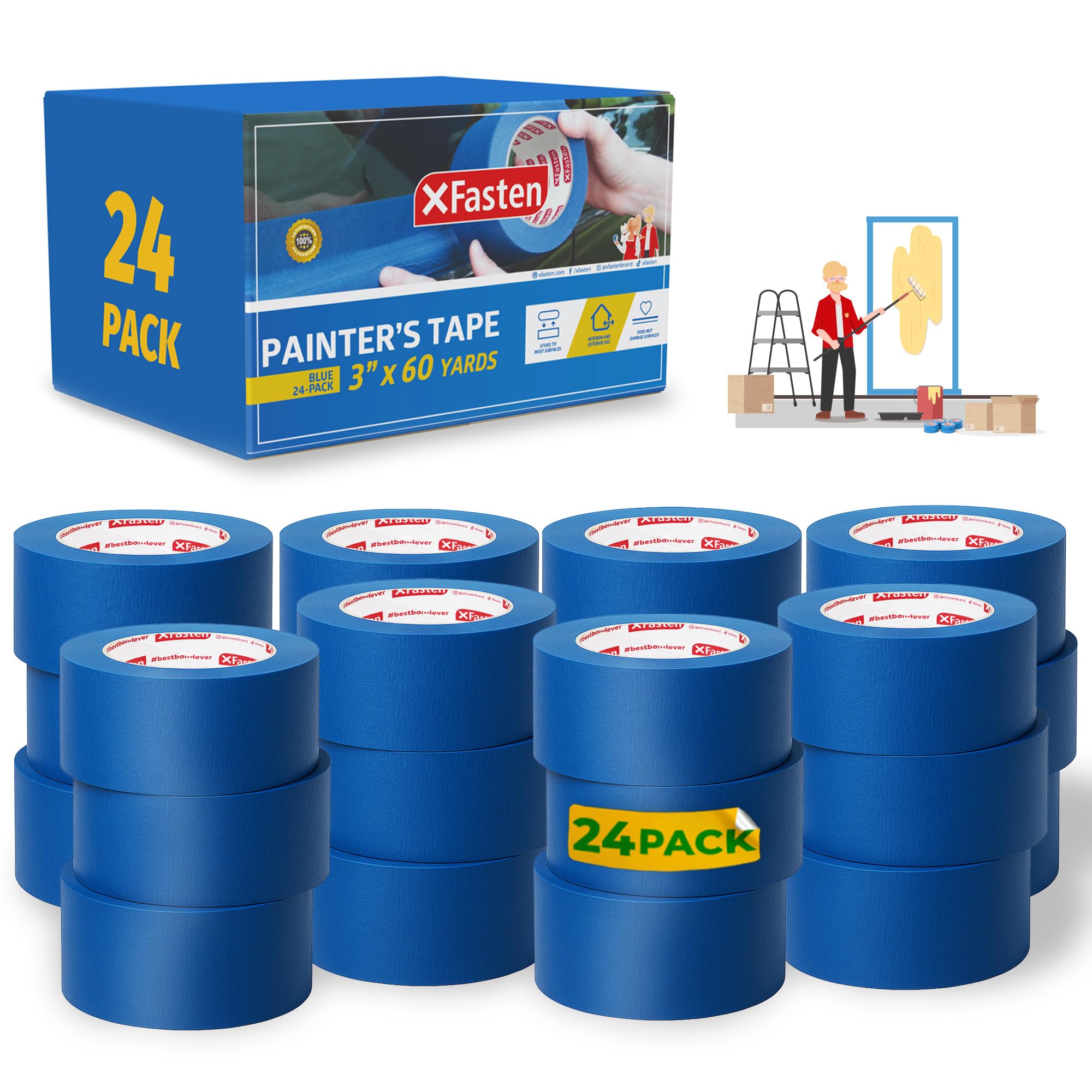 XFasten Blue Painters Tape 3 Inch Wide x 180 Feet Bulk (24-Pack, 4320ft Total) Wall Safe UV-Resistant Blue Masking Tape 3 Inch Wide for Indoor and Outdoor Walls, Painting, Wood, Automotive