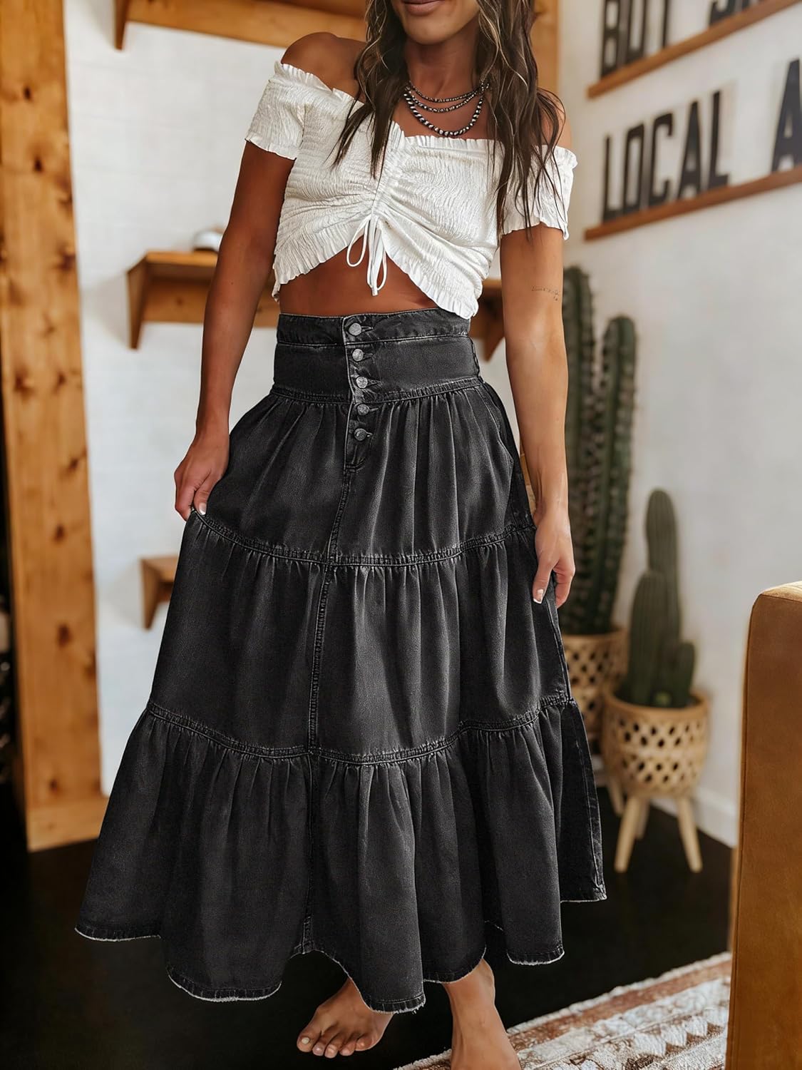 utcoco Women's High Waist Long Denim Skirt Button-Fly Tiered Ruffle Swing A-Line Jean Maxi Skirt with Pockets - Image 6