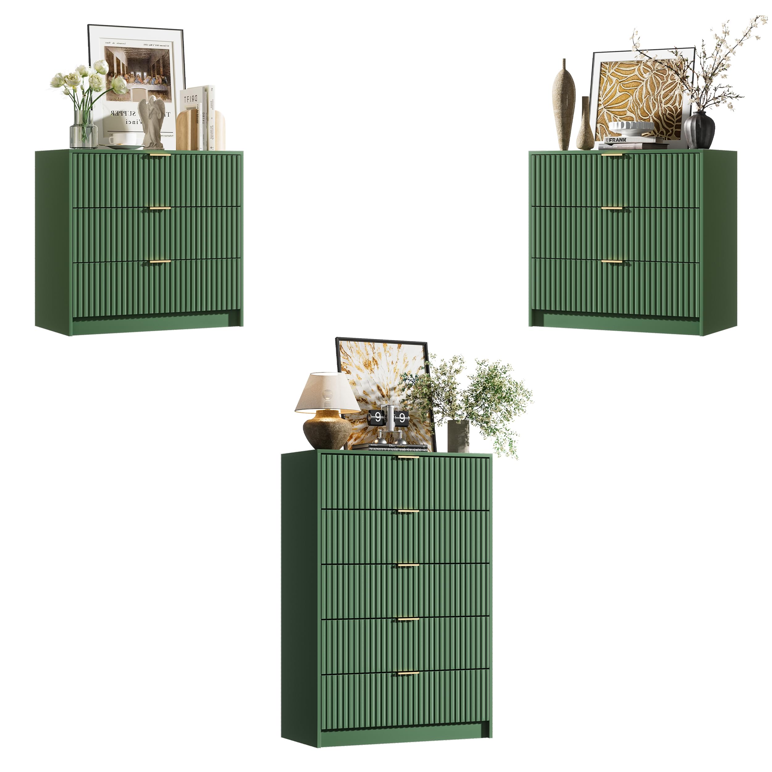 3 Piece Modern Bedroom Set, 5 Drawer Dresser with 2 Nightstands, Green