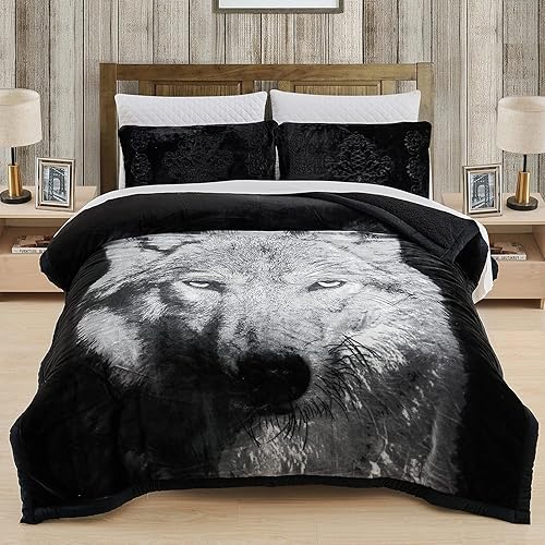 JML Sherpa Flannel Blanket, 3-Piece Fleece Blanket with Pillow Shams- Soft, Warm, Korean Style Printed Embossed Bed Blanket, Printed - Animal Wolf