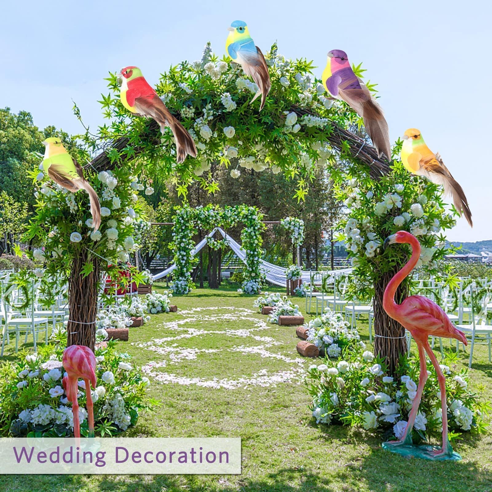 HERCHR Lote de 12 Pájaros Artificiales de Espuma con Plumas, Decoración Multicolor para Jardín, Bodas y Manualidades