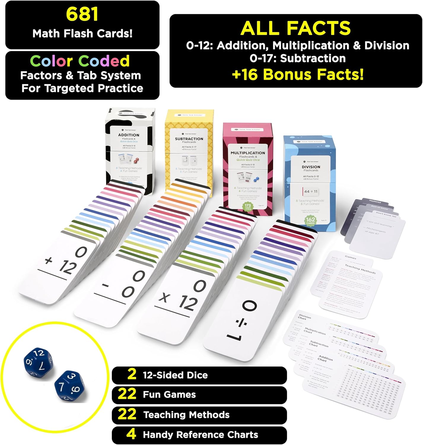 681 Award-Winning Math Flash Cards + Dice – Learn Addition, Subtraction, Multiplication & Division Facts 0–12 – Color-Coded with Games, Charts & Sorting Tabs – Grades K–6 – Jumbo Size (5.2” x 3.1”)