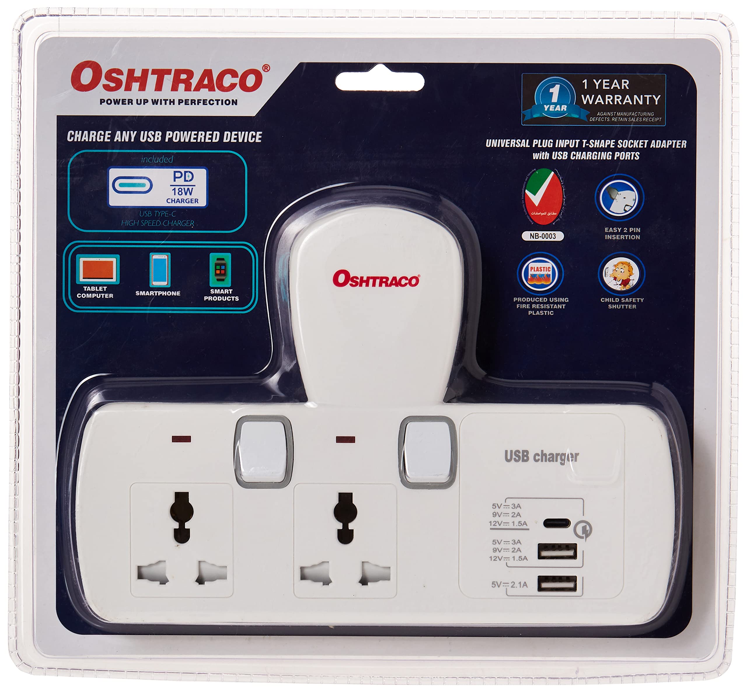 Oshtraco power extension socket plug adapter, 18w usb-c pd quick charge port, 2 usb-a 2.4amp, 2 universal outlets power extender, uk 3-pin plug with light for home, office, kitchen - White