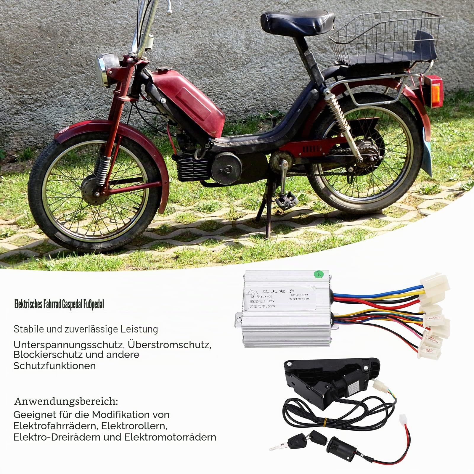 Fahrrad Motor Controller Set, 12V 500W Geschwindigkeitsregelung Elektrofahrrad Fußgaspedal Aluminiumlegierung Wärmeableitung zur Modifikation