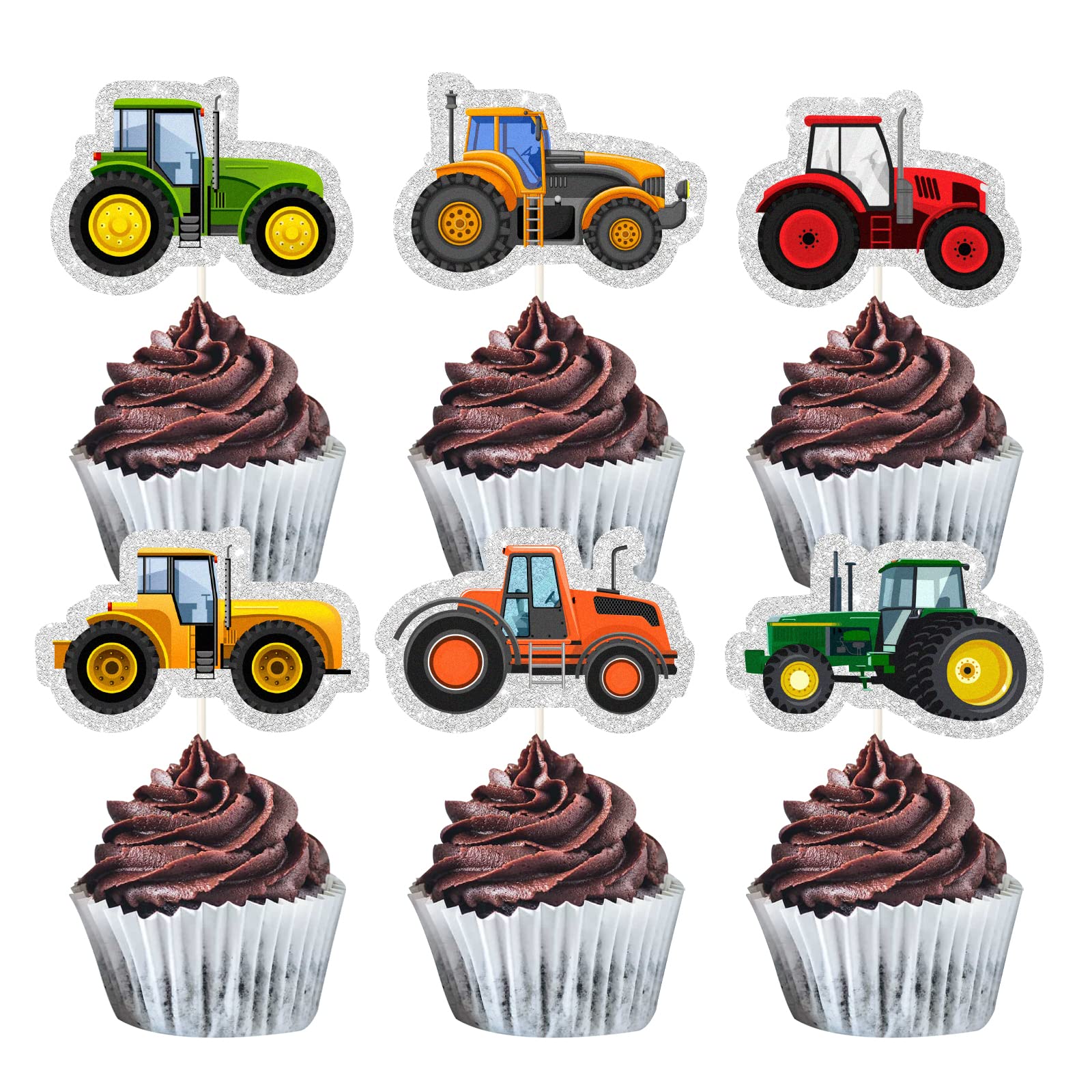 MEFENG 18Pcs Tractor Cupcake Toppers - Car Theme Cupcake Decorations - Happy Birthday Cake Picks for Kids Boys - Construction Truck Baby Shower Party