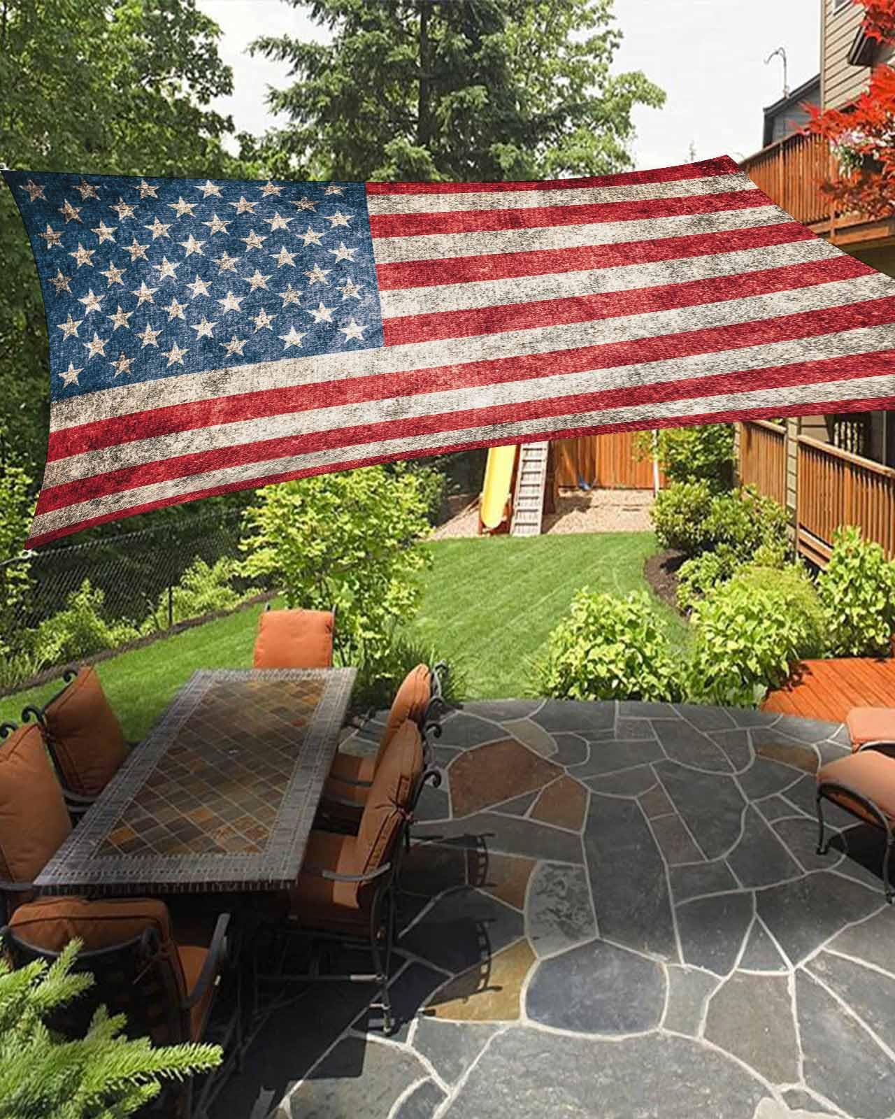 Waterproof Sun Shade Sail Independence Day Vintage Mottled American Flag Outdoor Patio Sun Shades Canopy UV Block Water Resistant Sunshade for Garden Backyard Deck Pergola 12x16 Ft