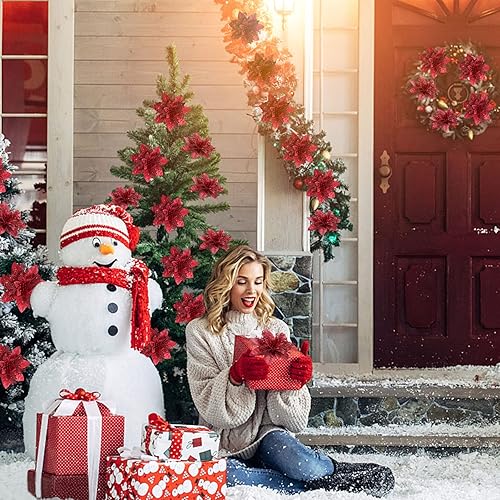 Miniatura 8 de Serwalin 20 flores artificiales para árbol de Navidad, flores de pascua rojas artificiales, adornos de Navidad con purpurina con clips, tallos de A