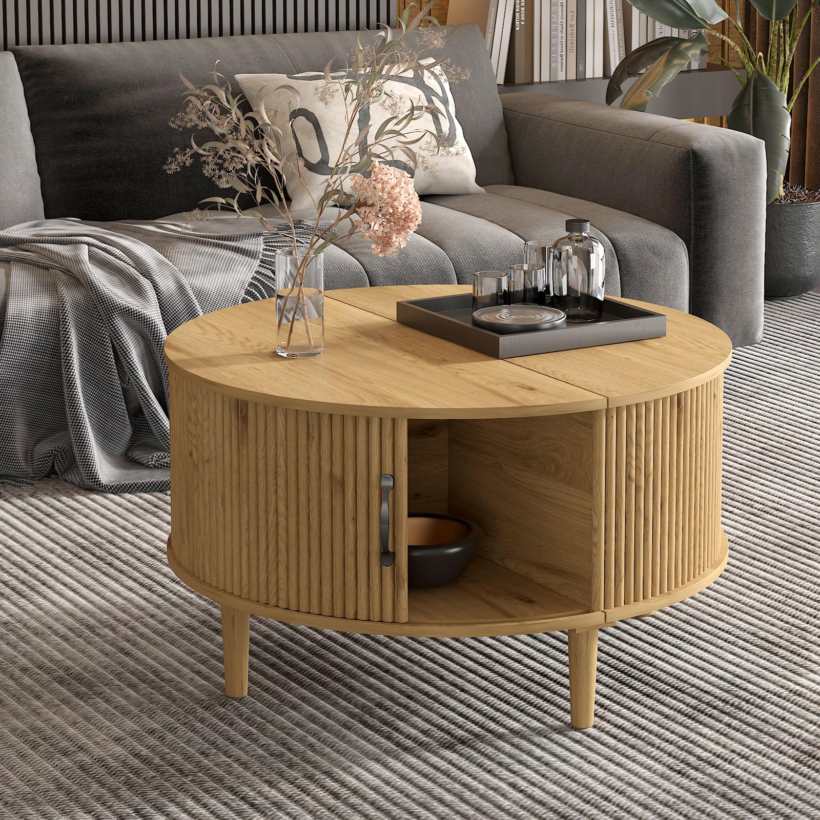 SJPVPYB Round Coffee Table for Living Room, End Sofa Table with Storage Shelves, Wood Tea Tables Flip Top Cabinet Door, Natural (Round)