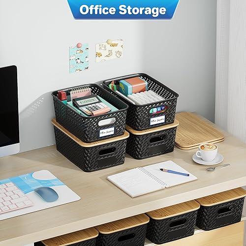 Miniatura 6 de 8 Paquetes Contenedores de Almacenamiento de Plástico con Tapas de Bambú - Contenedores de Almacenamiento Apilables Decorativos Cestas Pequeñas para