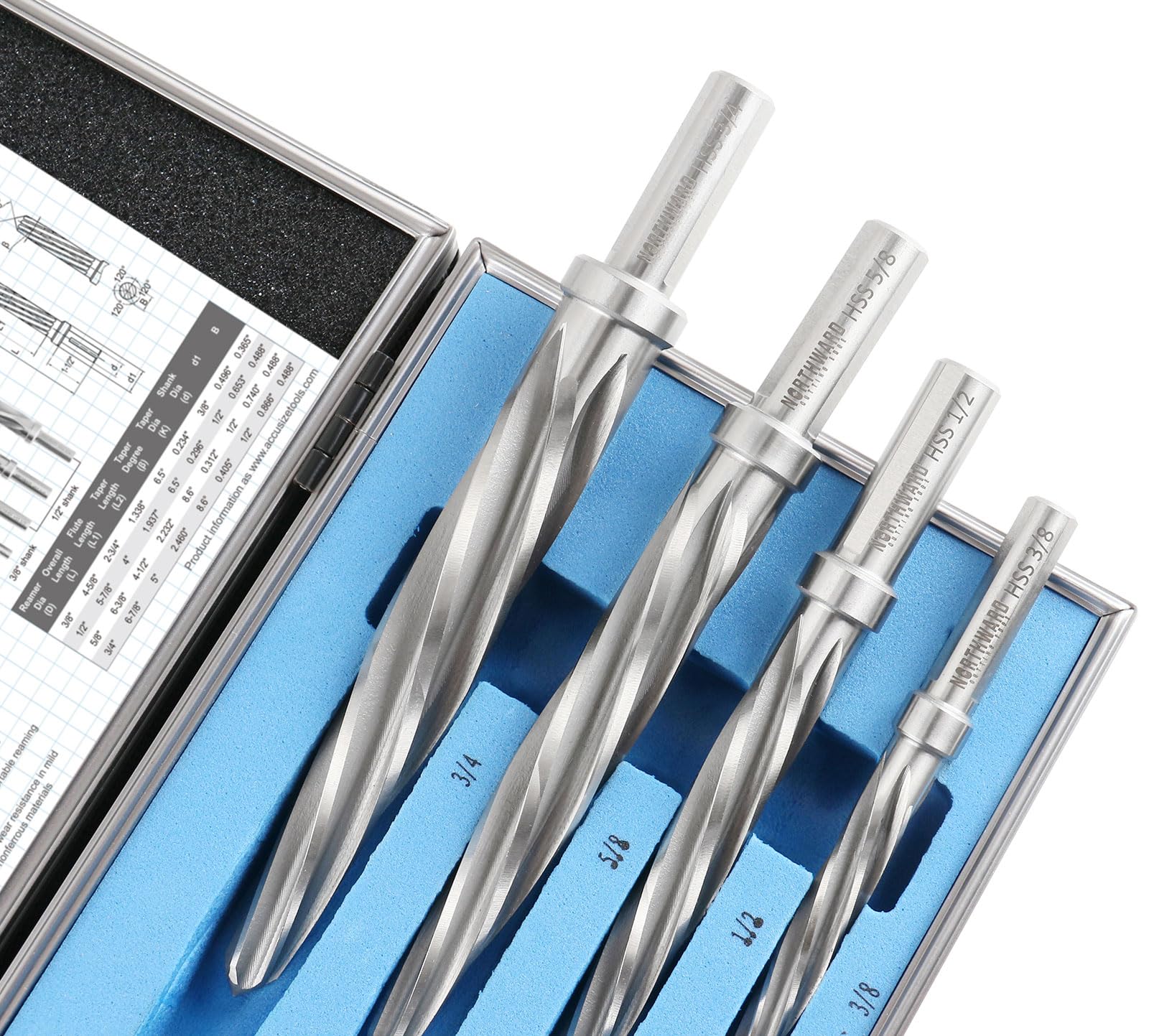 Accusize Industrial Tools 4 szt. H.S.S. Standardowy spiralny flet Super Premium zestaw rozwiertak samochodowy, 3/8", 1/2", 5/8", 3/4", pasuje do uchwytu chwytowego 3/8" lub 1/2", 0522-1808