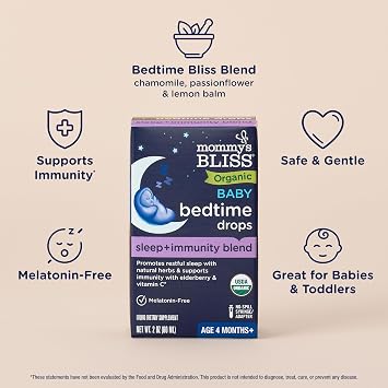 Mommy's Bliss Organic Baby Bedtime Drops + Overnight Immunity Support*, Promotes Restful Night, Melatonin Free, Age 4 Month+, 2 Fl Oz