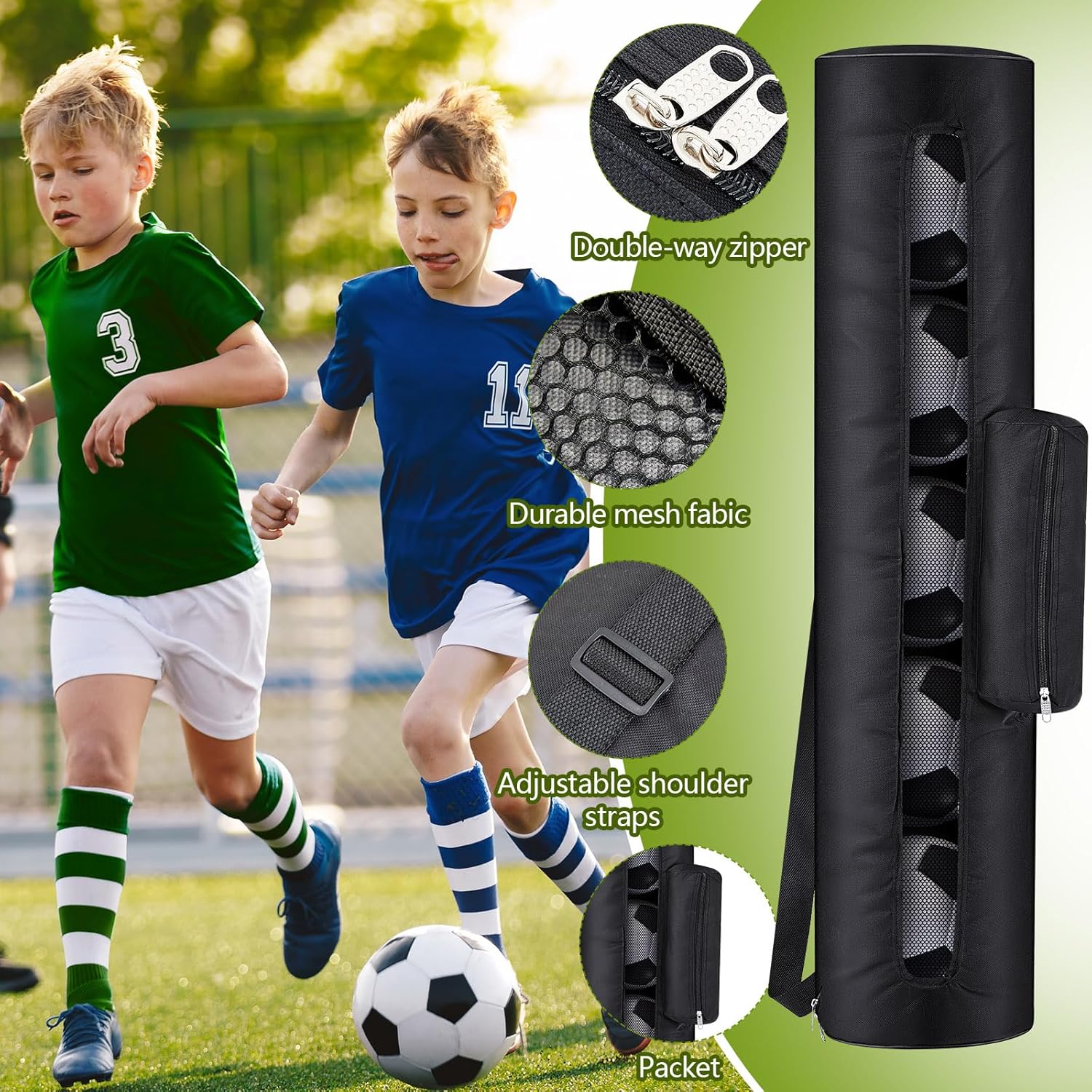 Mesh Soccer Ball Bag Holds up to 5 Balls Football Bag for Coaches 40 x 9 Inches Equipment Bags with 1 Front Pockets and Adjustable Shoulder Strap for Coach Sport Accessories Gym Volleyball - Image 4